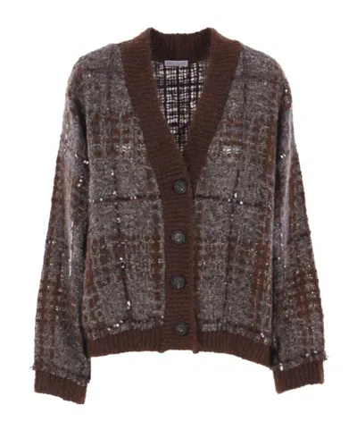 Brunello Cucinelli V-neck Embellished Cardigan In Brown