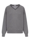 Brunello Cucinelli Knitted Cashmere V-neck Sweater With Ribbed Cuffs In Grey