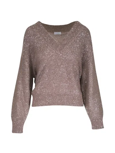 Brunello Cucinelli V-neck Embellished Sweater In Neutral