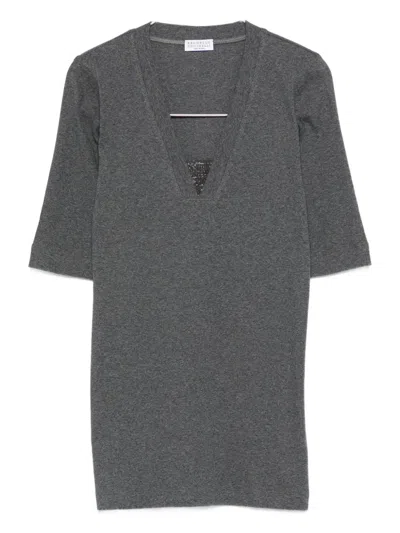 Brunello Cucinelli V-neck Embellished T-shirt In Gray