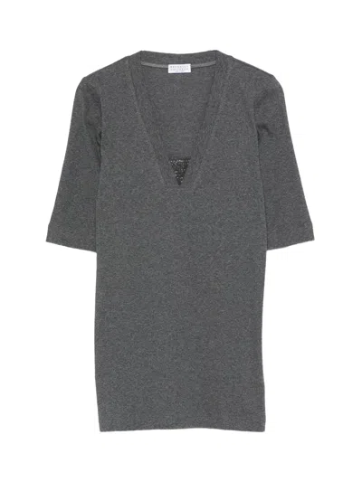 Brunello Cucinelli V-neck Embellished T-shirt Grey