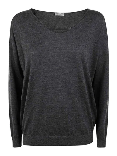 Brunello Cucinelli V-neck Ribbed Knitwear Long Sleeves In Black