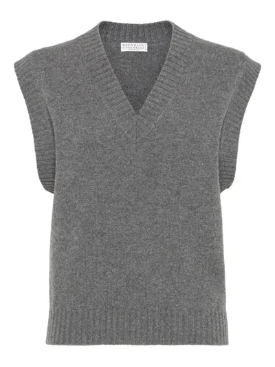 Brunello Cucinelli V-neck Knit Vest In Gray