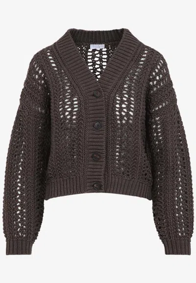 Brunello Cucinelli V-neck Knitted Cardigan In Brown
