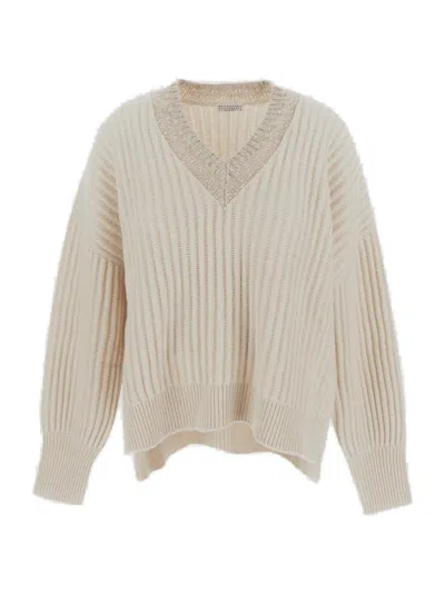 Brunello Cucinelli V-neck Knitted Jumper In White