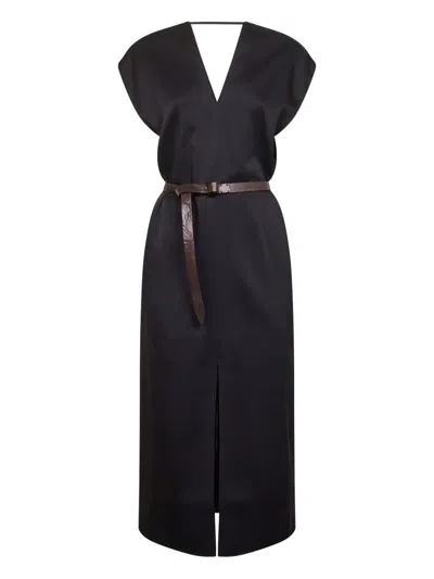 BRUNELLO CUCINELLI V-NECK LEATHER-BELT MIDI DRESS