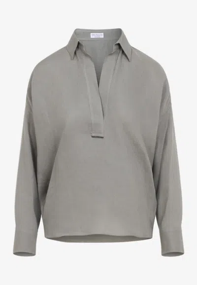 Brunello Cucinelli V-neck Long-sleeved Blouse In Gray