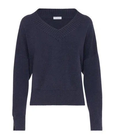 Brunello Cucinelli V-neck Long-sleeved Sweater In Blue