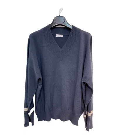Brunello Cucinelli V-neck Long-sleeved Sweater In Blue