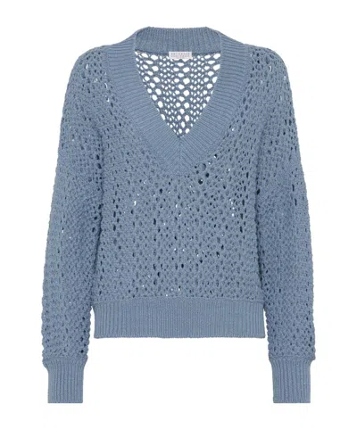 Brunello Cucinelli V-neck Mesh Knit Jumper In Blue
