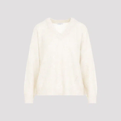 Brunello Cucinelli V Neck Mohair Diamond Sweater Xs In White