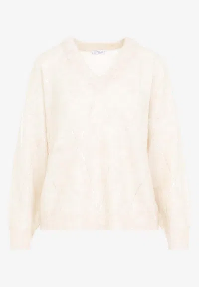 Brunello Cucinelli V-neck Mohair Sweater In Ivory