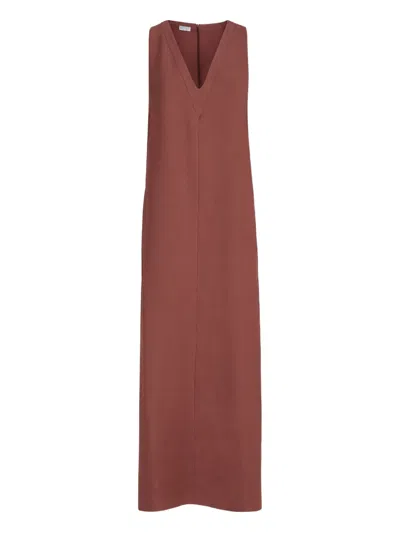 Brunello Cucinelli V-neck Monili-detail Midi Dress In Brown