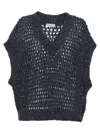 Brunello Cucinelli V-neck Net Knitted Vest In Blue