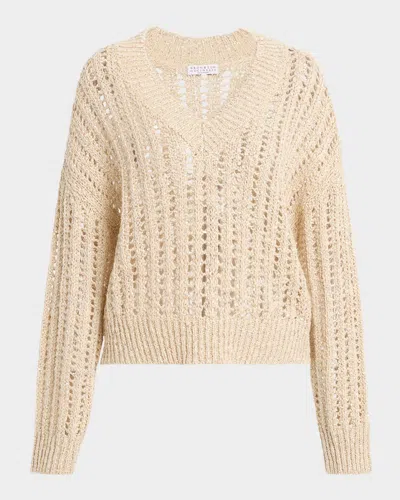 Brunello Cucinelli V-neck Paillette Open-weave Knit Sweater