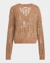 Brunello Cucinelli V-neck Paillette Open-weave Knit Sweater In Cbu80 Beige