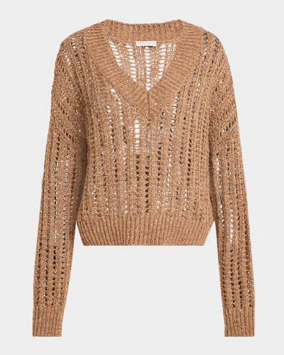 Brunello Cucinelli V-neck Paillette Open-weave Knit Sweater In Cbu80 Beige