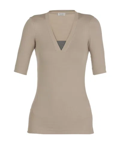 Brunello Cucinelli V-neck Plain Shirt In Brown