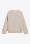 Brunello Cucinelli V-neck Rib Knit Sweater With Monili-insert In Beige