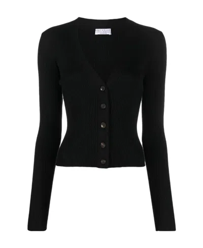 Brunello Cucinelli Ribbed Metallic Cashmere-blend Cardigan In Black