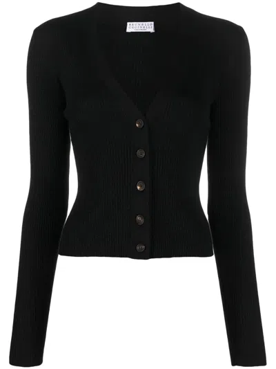 Brunello Cucinelli V-neck Ribbed-knit Cardigan In Black