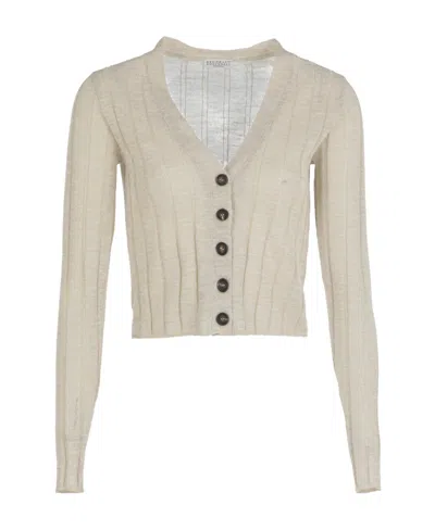 Brunello Cucinelli V-neck Ribbed-knit Cardigan In Multi