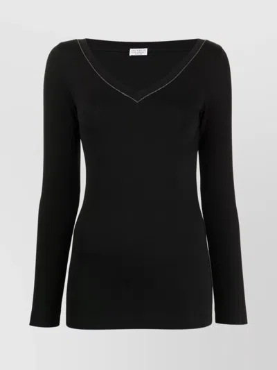 BRUNELLO CUCINELLI V-NECK RIBBED KNITWEAR CONTRAST STITCHING