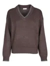 Brunello Cucinelli Ribbed V-neck Top Contrast Trim In Brown