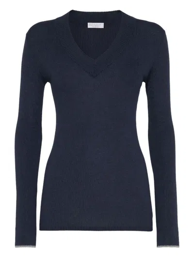 Brunello Cucinelli V-neck Ribbed Sweatshirt