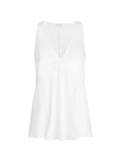 Brunello Cucinelli Fluid Twill Sleeveless Top Deep Neckline In White