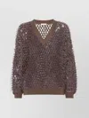 Brunello Cucinelli Sequin Embellished V-neck Brushed Sweater Clothing In Brown