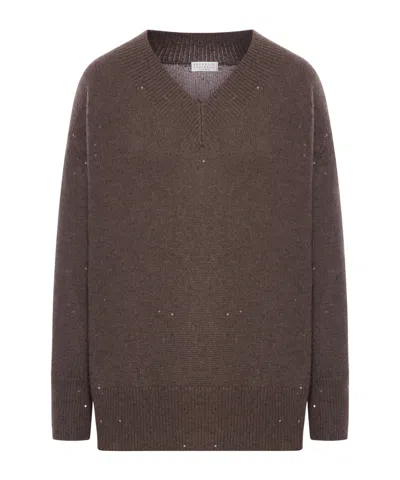BRUNELLO CUCINELLI BRUNELLO CUCINELLI V-NECK SEQUIN EMBELLISHED KNITTED JUMPER