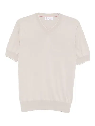 Brunello Cucinelli V-neck Short-sleeve Cotton T-shirt In Neutral