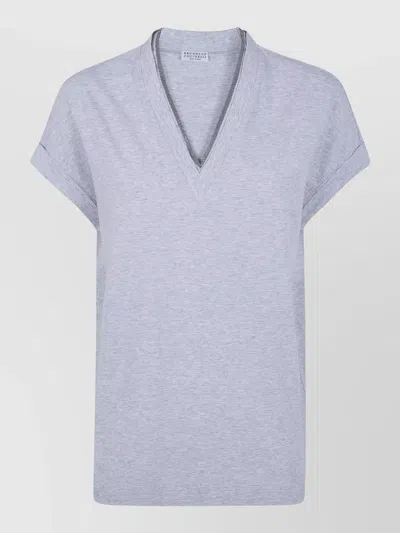 Brunello Cucinelli V Neck Short Sleeve Plain T-shirt Top In Gray