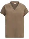 Brunello Cucinelli Rolled Cuffs V-neck Short Sleeve Top In Brown