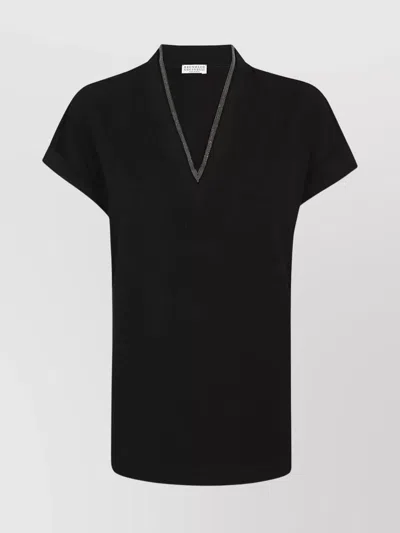 Brunello Cucinelli V Neck Short Sleeve Top Design In Black