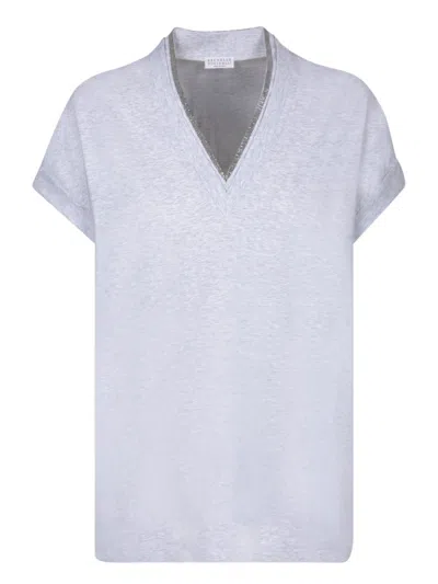BRUNELLO CUCINELLI V-NECK SILVER T-SHIRT