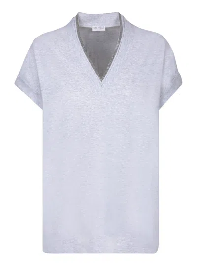 Brunello Cucinelli V-neck Silver T-shirt In Metallic