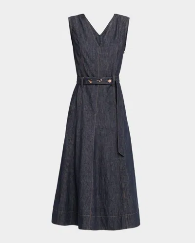 Brunello Cucinelli V-neck Sleeveless Denim Belted Midi Dress In Gray