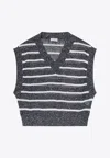 Brunello Cucinelli Dazzling Striped Net Knit Linen Sweater