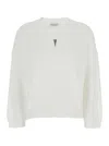Brunello Cucinelli V-neck White Cotton Sweater With Monil Detail