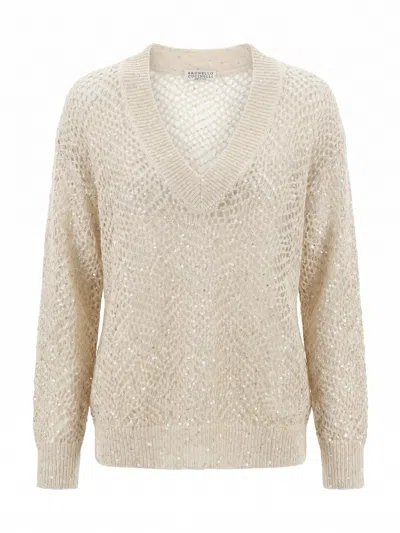 Brunello Cucinelli Openwork Mohair Sweater With Sequins In Neutral