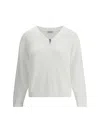 Brunello Cucinelli White Sweater With V Neck And Monile Detail On The Front In Cotton Woman In Bianco