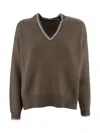 Brunello Cucinelli Ribbed V-neck Top Contrast Trim In Brown