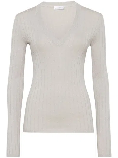 Brunello Cucinelli V Neck Sweater In Gray