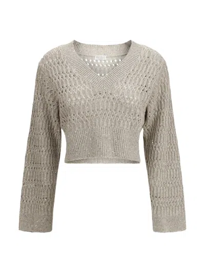 Brunello Cucinelli Women Dazzling Braids Linen Sweater In Gray