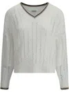Brunello Cucinelli Open-knit Sweater With Vertical Stripes In White