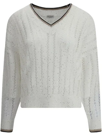 BRUNELLO CUCINELLI BRUNELLO CUCINELLI V NECK SWEATER WITH SHINY DETAILS