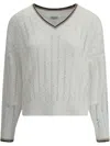 Brunello Cucinelli Open-knit Sweater With Vertical Stripes In White