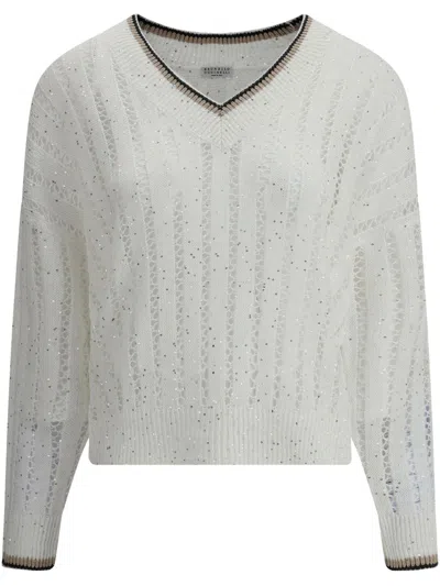 Brunello Cucinelli V Neck Sweater With Shiny Details In Neutral